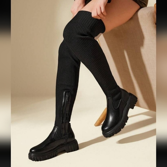 CUCCOO Over The Knee Knit Black Sock Boots Women's Size 8.5🌴 - Picture 1 of 11